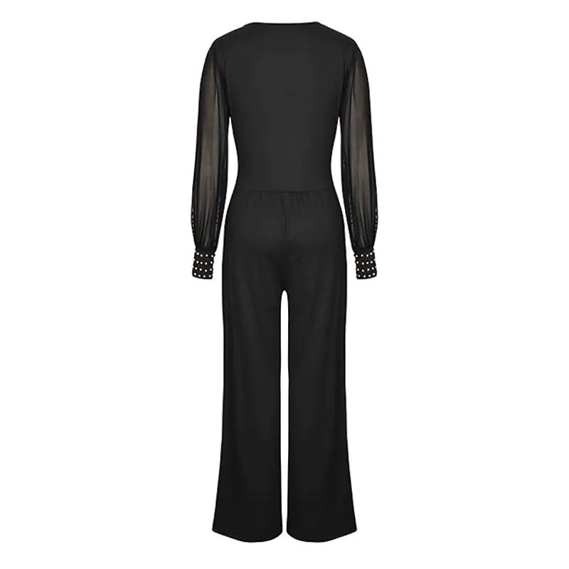 Women's Elegant V Neck Mesh Long Sleeve Loose Wide Leg Romper Party Jumpsuits With Rivet Cuffs
