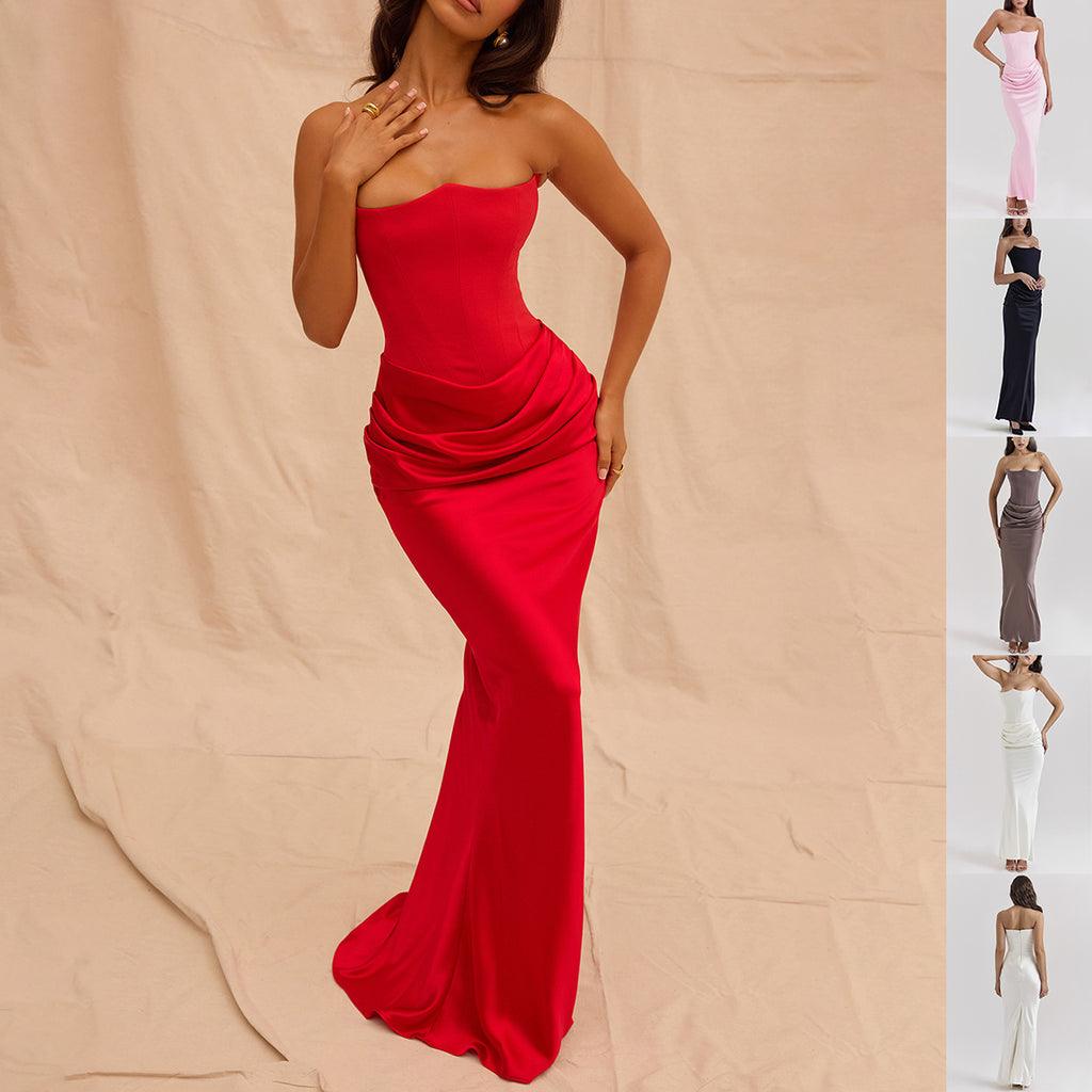 Women’s Slim Tube Top Long Dress – Sexy Bandeau Backless Evening Party Maxi Dress