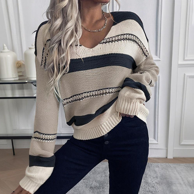 Women’s French Vintage Striped Sweater – V-Neck Long Sleeve Stretch Knit Top for Fall & Winter Layering