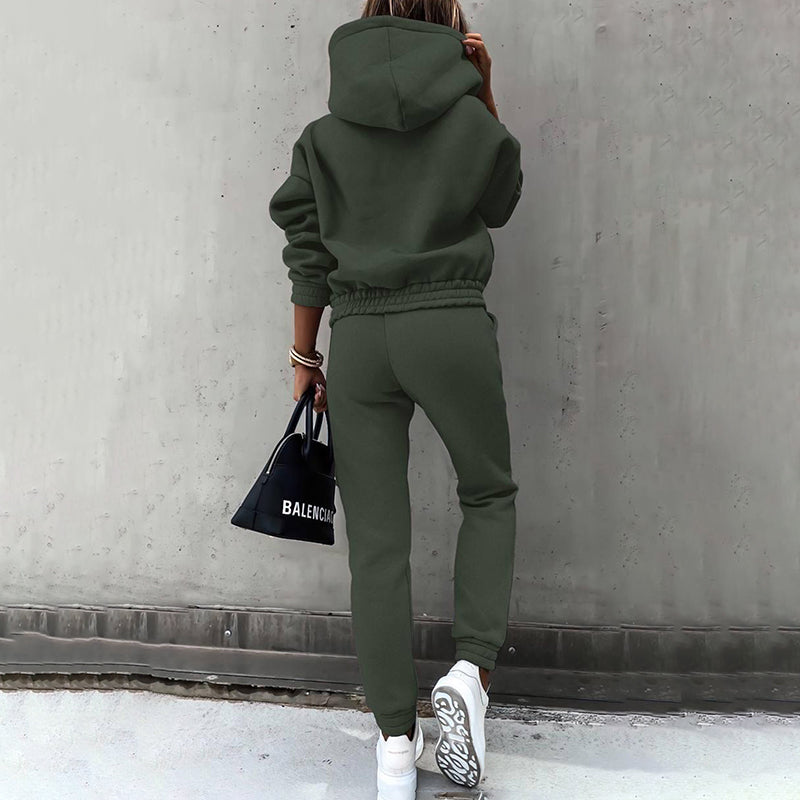 Women's Casual 2-Piece Tracksuit, Solid Color Hooded Sweatshirt And Slim Fit Jogger Pants For Autumn And Winter