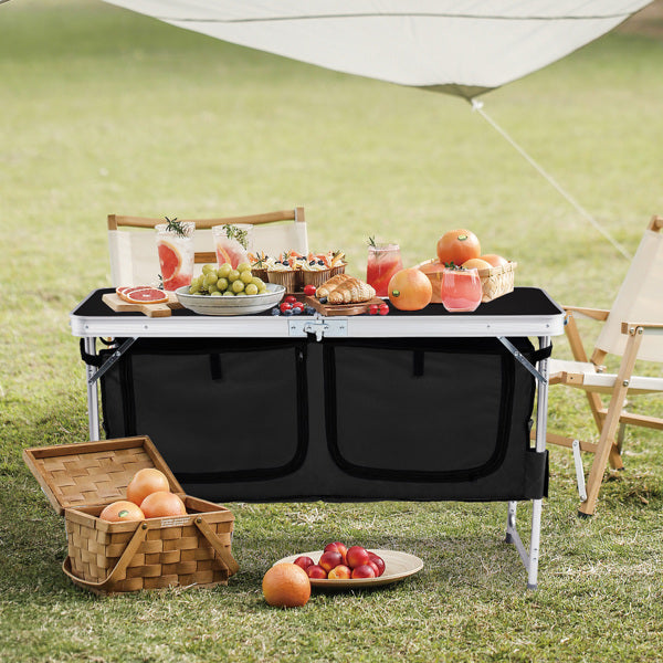 4ft 47cm Wide Black Outdoor Folding Table, Aluminum Alloy Rectangular, Two-fold Tabletop With Black Fabric Cupboard, 3 Height Adjustments.