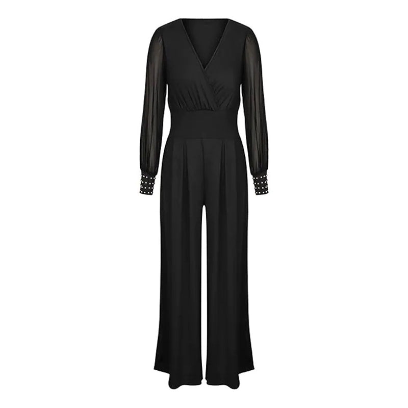 Women's Elegant V Neck Mesh Long Sleeve Loose Wide Leg Romper Party Jumpsuits With Rivet Cuffs