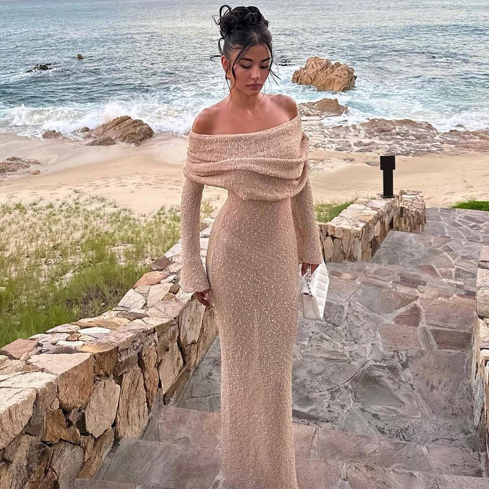 Women’s One-Shoulder Knitted Long-Sleeve Dress – Sexy Beach Holiday Maxi Dress