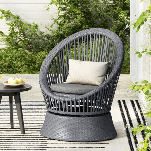 26.7" Modern Gray Wicker Lounge Chair – Round Rattan & Iron Frame Accent Chair for Living Room, Patio, Balcony & Outdoor Relaxation