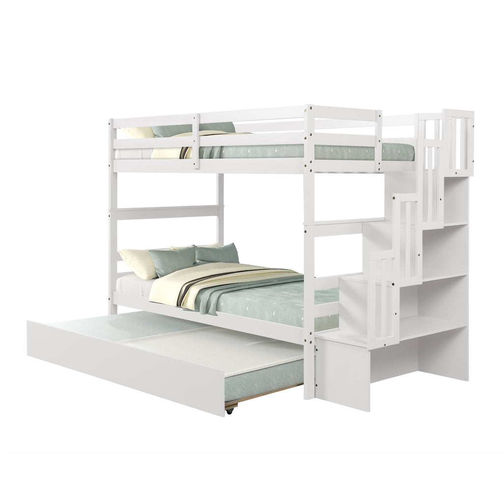 White Twin Over Twin Bunk Beds with Trundle & Stairway Storage – Pine Wood Frame, Safe Guardrails, Space-Saving Design