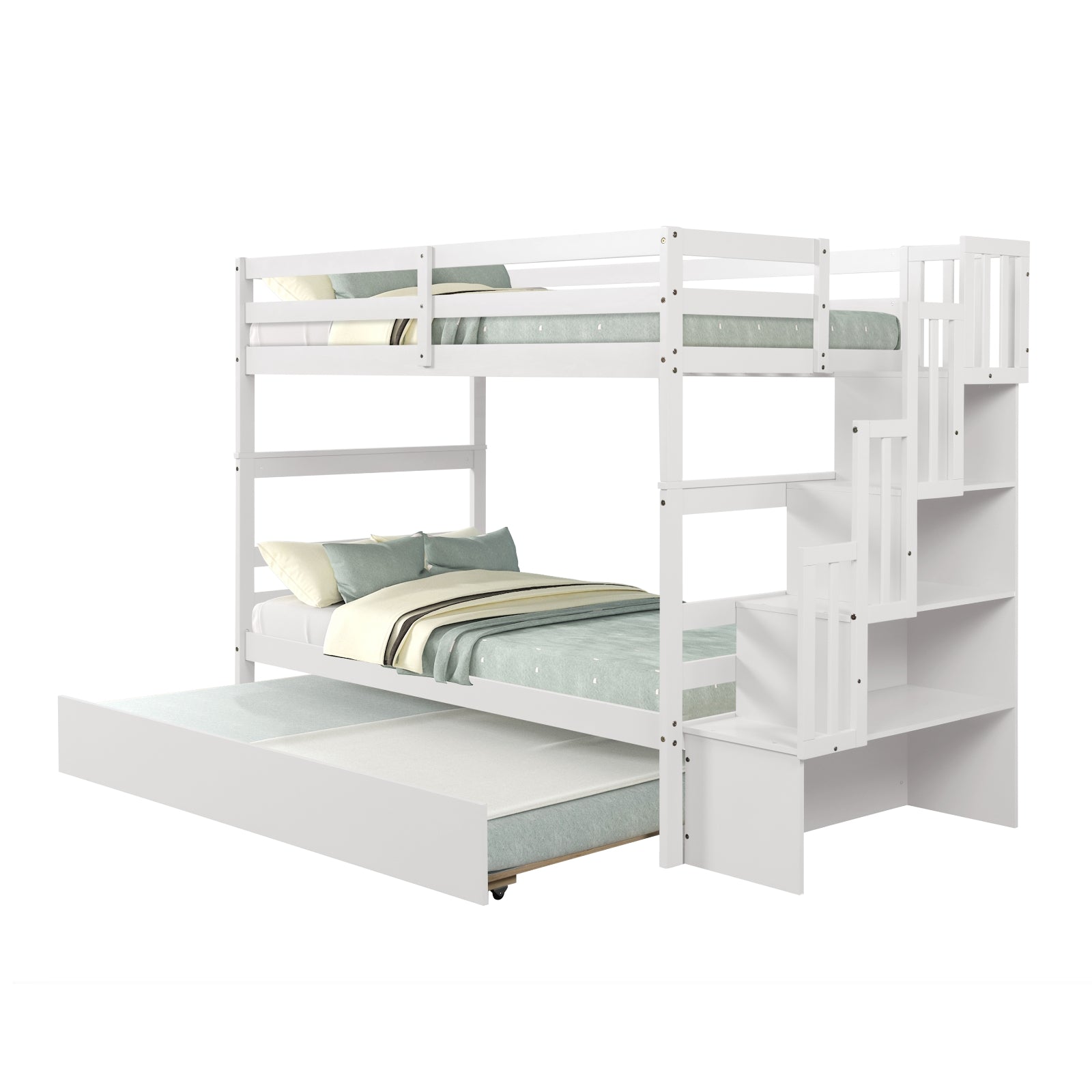 White Twin Over Twin Bunk Beds with Trundle & Stairway Storage – Pine Wood Frame, Safe Guardrails, Space-Saving Design