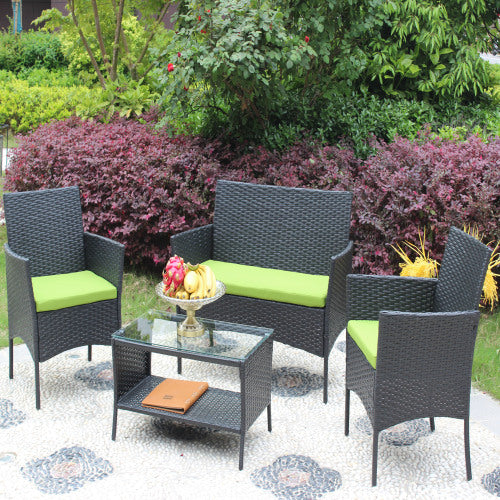 4 PC Rattan Patio Furniture Set with Cushioned Seating | Outdoor Wicker Sofa Set with Tempered Glass Table