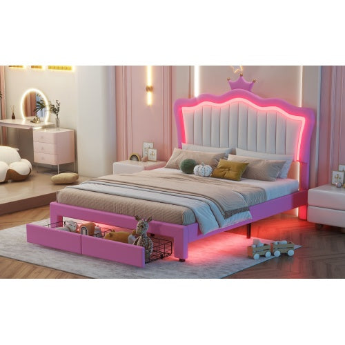 Full Size Upholstered Princess Bed Frame with LED Lights, Adjustable Crown Headboard & 2 Storage Drawers – Pink + White