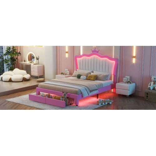 Full Size Upholstered Princess Bed Frame with LED Lights, Adjustable Crown Headboard & 2 Storage Drawers – Pink + White