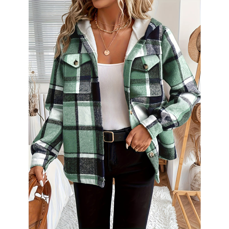 Women’s Cozy Plaid Fleece Lined Hooded Jacket – Button Front Casual Coat with Pockets for Autumn & Winter
