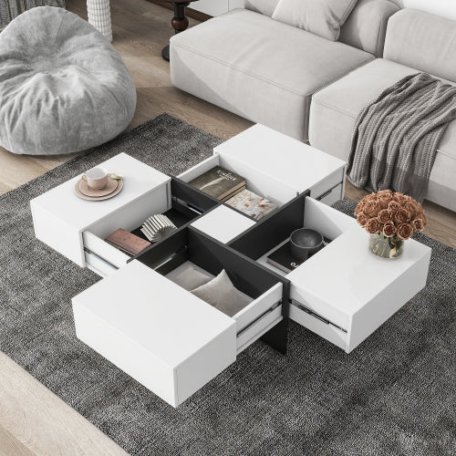 Unique Design Coffee Table with 4 Hidden Storage Compartments – Square Sliding-Top Cocktail Table, UV High-Gloss Modern Center Table (31.5" x 31.5")