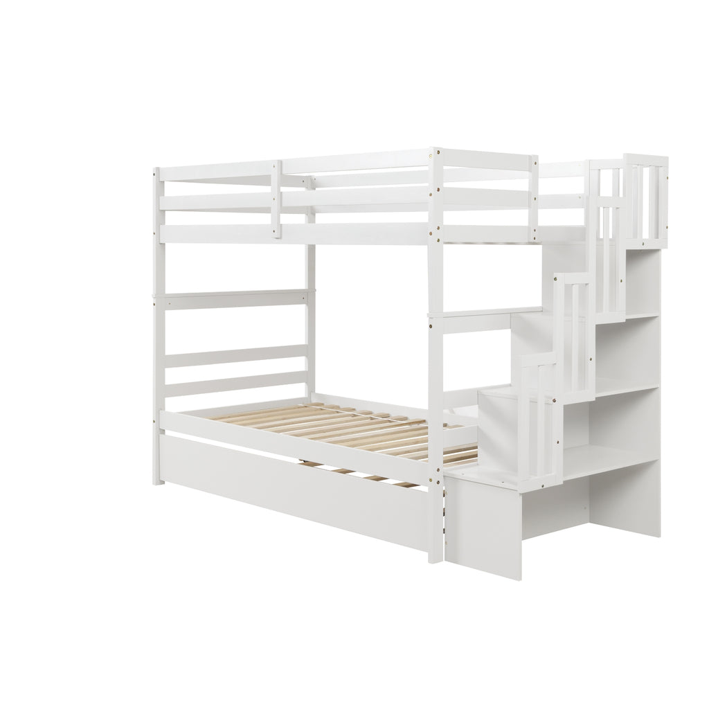 White Twin Over Twin Bunk Beds with Trundle & Stairway Storage – Pine Wood Frame, Safe Guardrails, Space-Saving Design