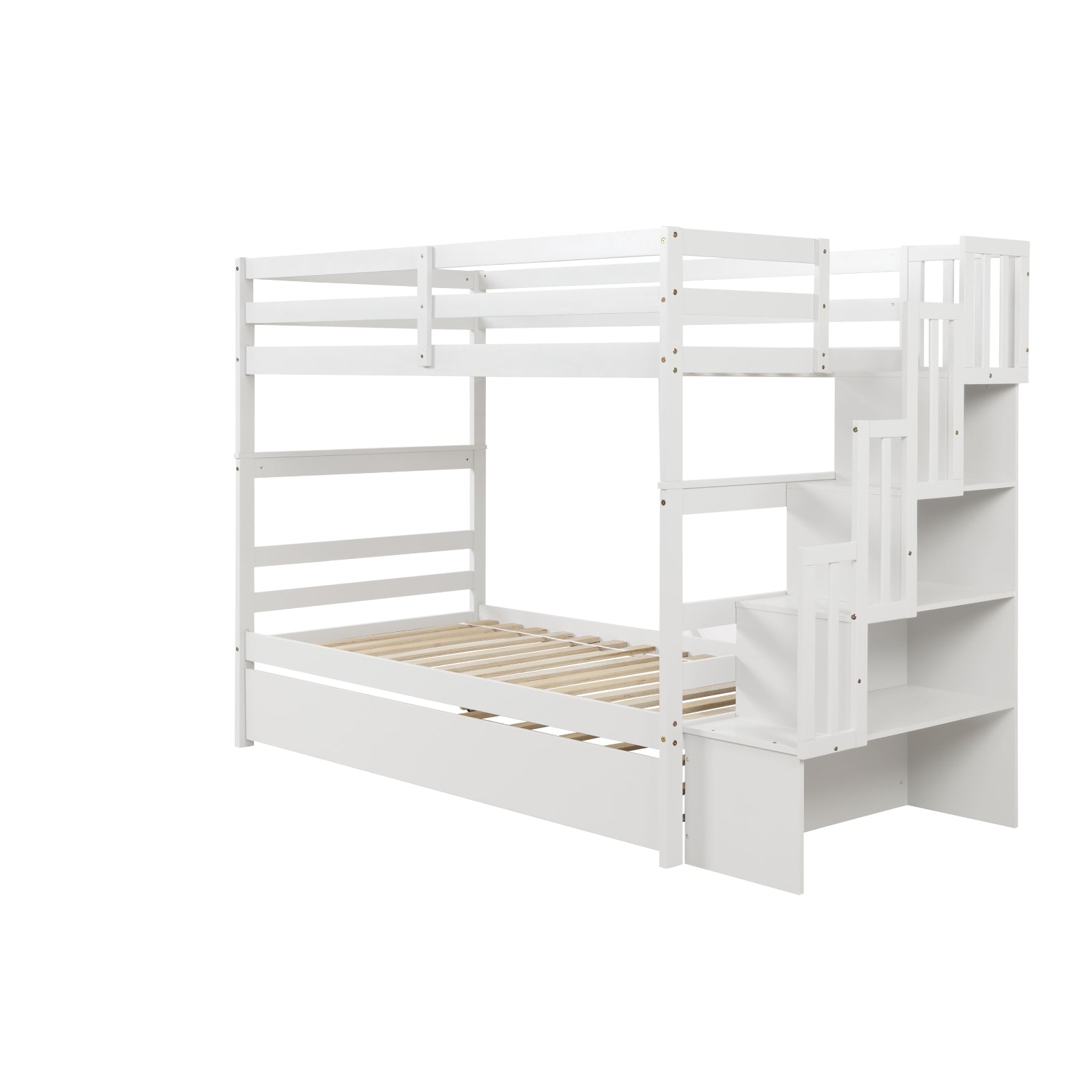 White Twin Over Twin Bunk Beds with Trundle & Stairway Storage – Pine Wood Frame, Safe Guardrails, Space-Saving Design