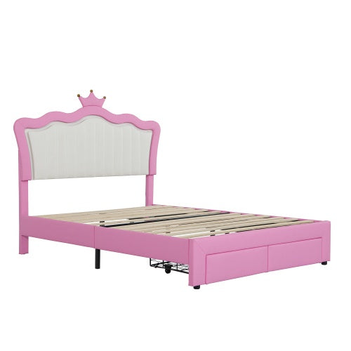 Full Size Upholstered Princess Bed Frame with LED Lights, Adjustable Crown Headboard & 2 Storage Drawers – Pink + White