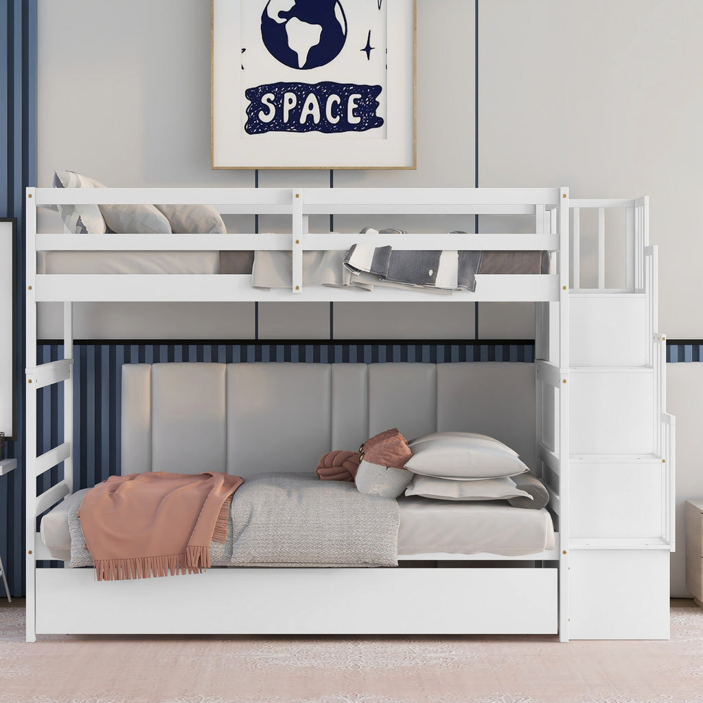 White Twin Over Twin Bunk Beds with Trundle & Stairway Storage – Pine Wood Frame, Safe Guardrails, Space-Saving Design
