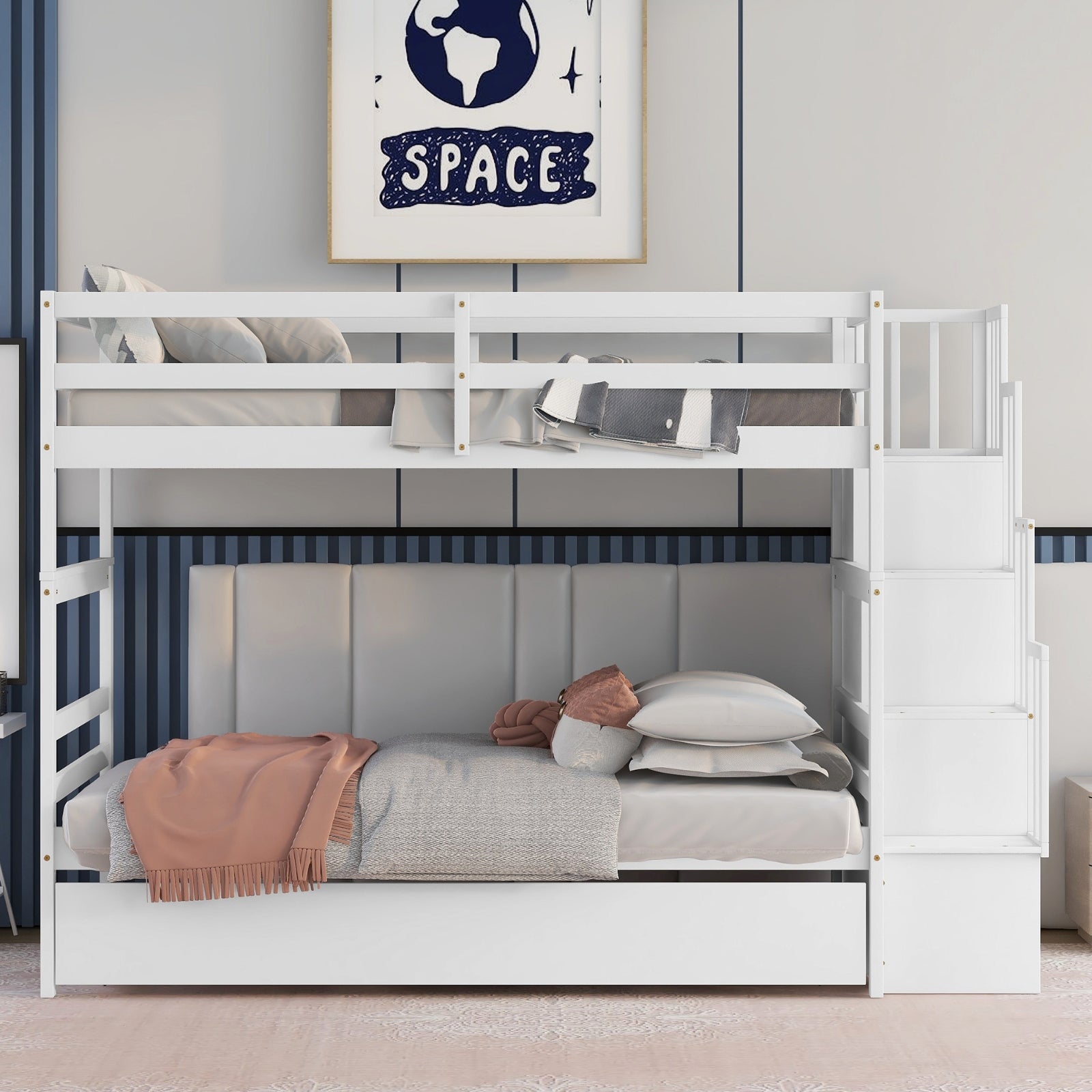 White Twin Over Twin Bunk Beds with Trundle & Stairway Storage – Pine Wood Frame, Safe Guardrails, Space-Saving Design