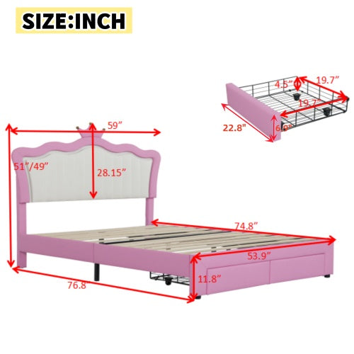Full Size Upholstered Princess Bed Frame with LED Lights, Adjustable Crown Headboard & 2 Storage Drawers – Pink + White