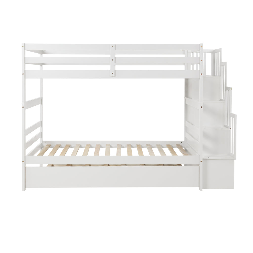 White Twin Over Twin Bunk Beds with Trundle & Stairway Storage – Pine Wood Frame, Safe Guardrails, Space-Saving Design