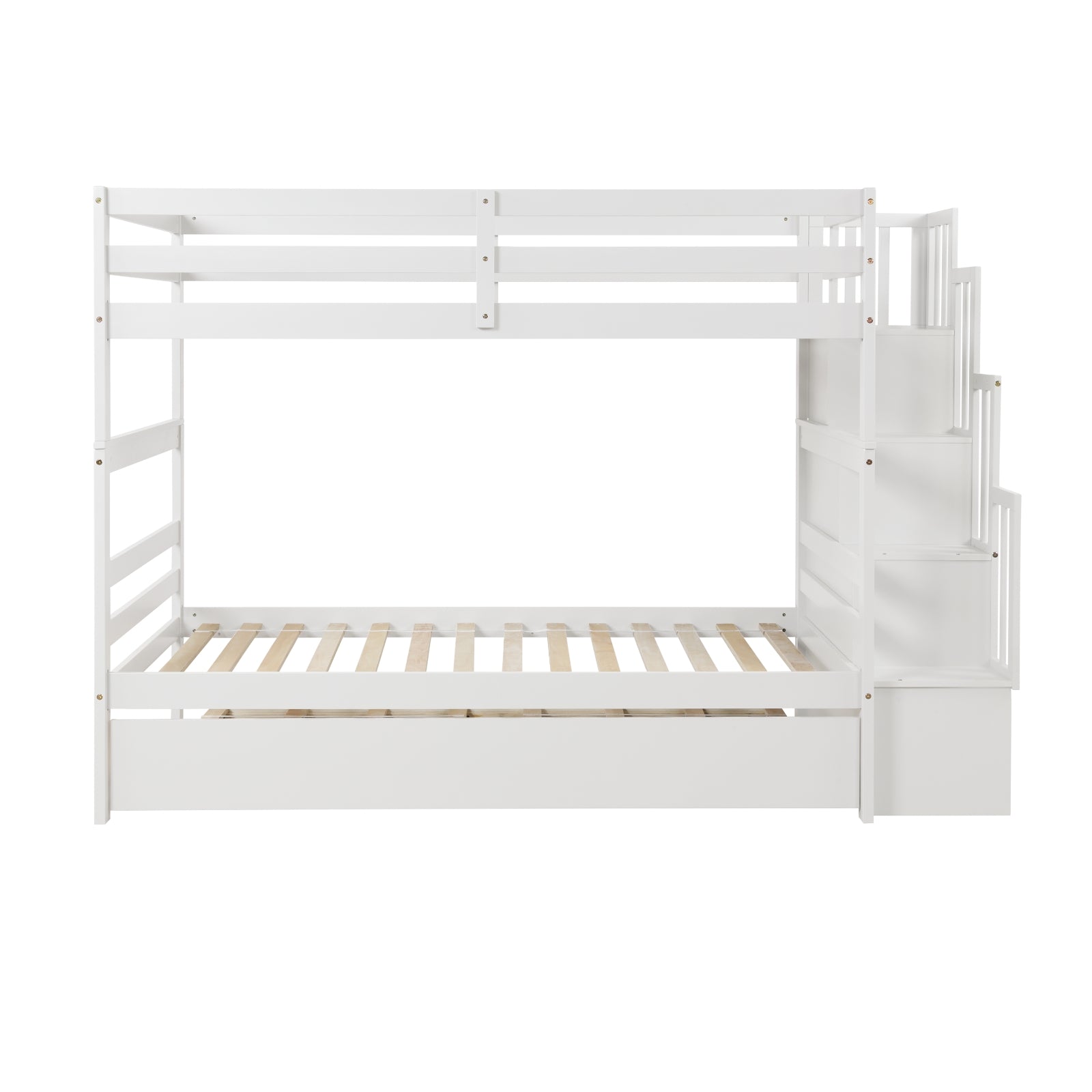 White Twin Over Twin Bunk Beds with Trundle & Stairway Storage – Pine Wood Frame, Safe Guardrails, Space-Saving Design