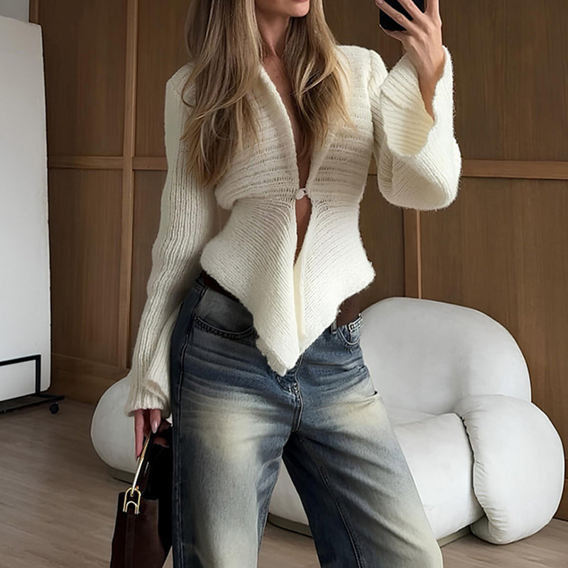 Elegant Irregular Hem Cardigan Sweater – Trendy Open Front V-Neck for Women