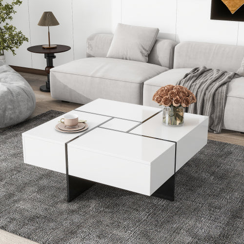 Unique Design Coffee Table with 4 Hidden Storage Compartments – Square Sliding-Top Cocktail Table, UV High-Gloss Modern Center Table (31.5" x 31.5")