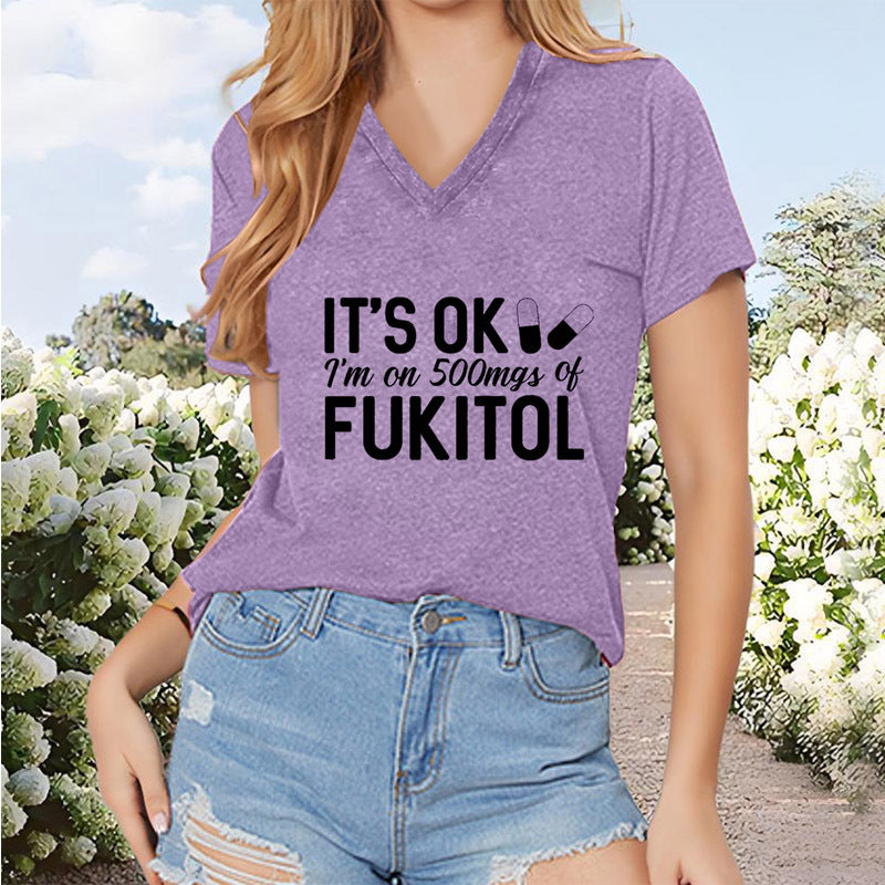 Women's V-Neck Short Sleeve T-Shirt - Trendy English Slogan Print - Summer Casual Top