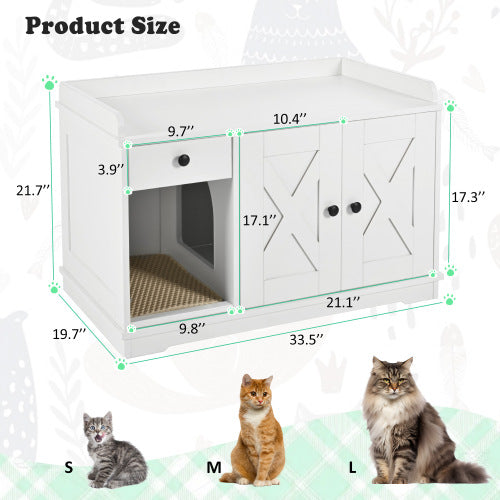 GO Cat Litter Box Enclosure – Hidden Litter Box Furniture with Storage Drawer, Built-In Litter Mat, Farmhouse Cat House Side Table for Living Rooms – White MDF Pet Cabinet
