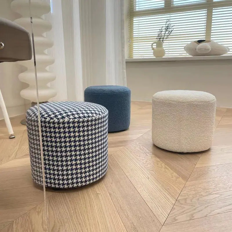 Houndstooth Lambswool Round Stool for Living Room