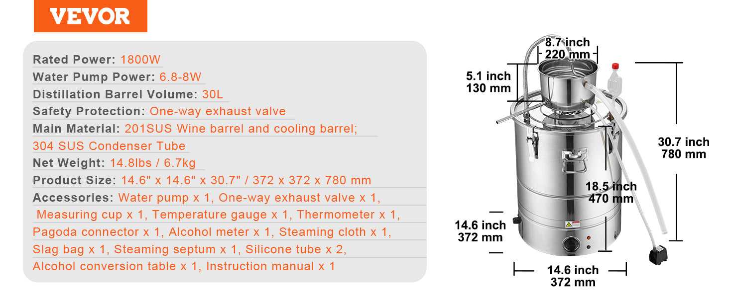 VEVOR Alcohol Still Water Alcohol Distiller Home Distillery Kit include Stainless Steel Tube Pump for DIY Whisky Wine Brandy