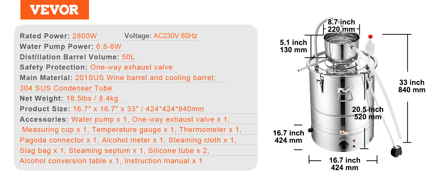 VEVOR Alcohol Still Water Alcohol Distiller Home Distillery Kit include Stainless Steel Tube Pump for DIY Whisky Wine Brandy
